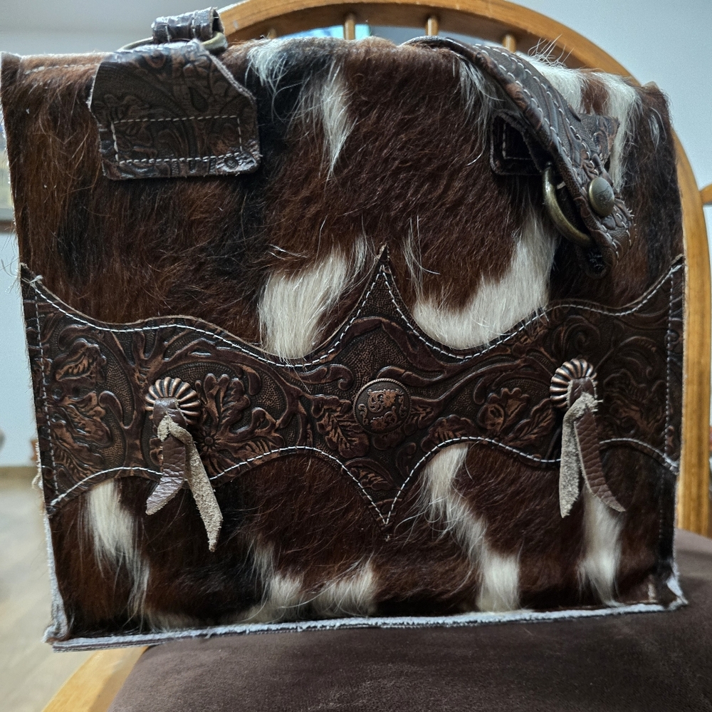 Brown and White Cowhide Leather Bag